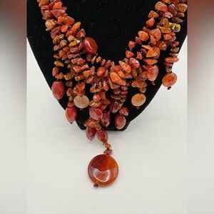 Vibrant, Genuine Carnelian Stone Multi-Strand Chunky  Necklace W-Teardrop Accent